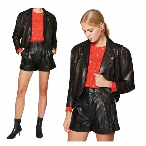 Joie Necia Soft Lamb Leather Moto Biker Jacket with Puffle Sleeves BNWT